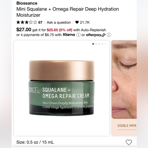 NEW Biossance Mini Squalane + Omega Repair Deep Hydration Moisturizer 5ml - Picture 2 of 5